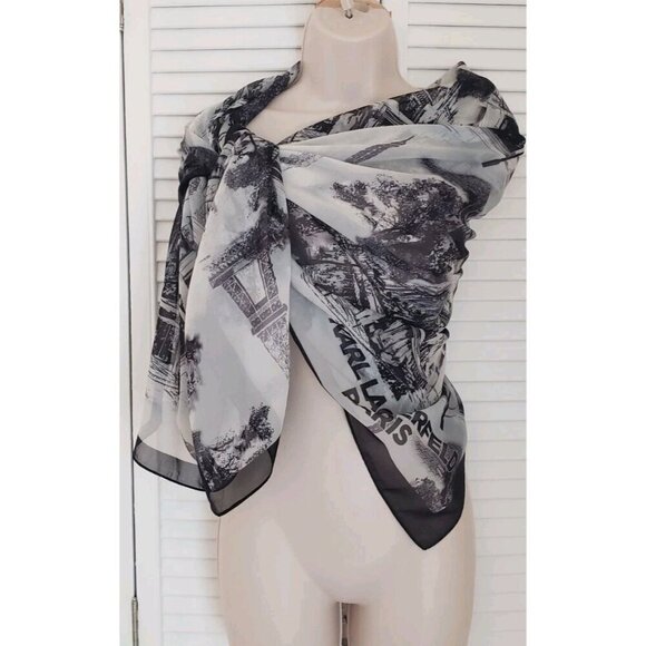 NWT KARL LAGERFELD PARIS LANDSCAPE PRINT LOGO BLACK GREY SQUARE OVERSIZED WRAP - Picture 2 of 5